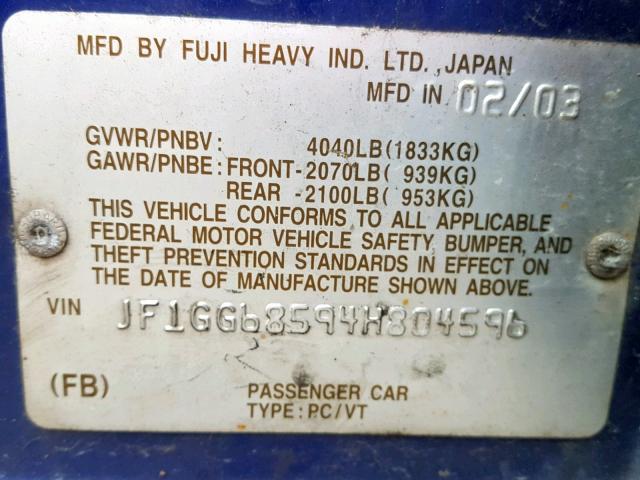 JF1GG68594H804596 - 2004 SUBARU IMPREZA OU BLUE photo 10