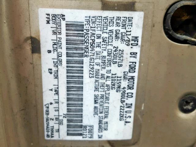 1FACP5847LG129223 - 1990 FORD TAURUS LX GOLD photo 10