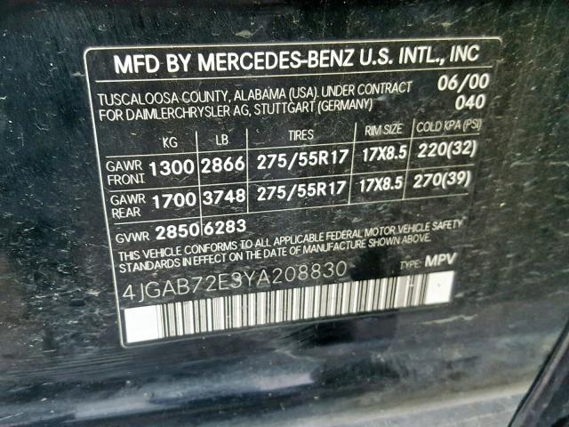 4JGAB72E3YA208830 - 2000 MERCEDES-BENZ ML 430 BLACK photo 10