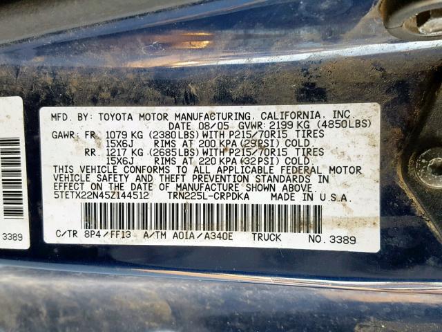 5TETX22N45Z144512 - 2005 TOYOTA TACOMA ACC BLUE photo 10