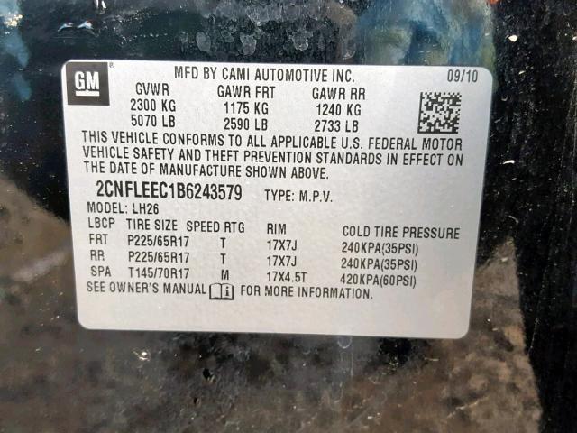 2CNFLEEC1B6243579 - 2011 CHEVROLET EQUINOX LT BLACK photo 10