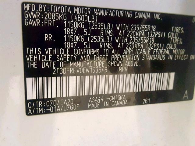 2T3DFREV0EW163646 - 2014 TOYOTA RAV4 LIMIT WHITE photo 10