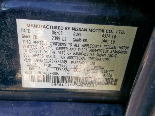 1N4BL11D75N921249 - 2005 NISSAN ALTIMA SE BLUE photo 10