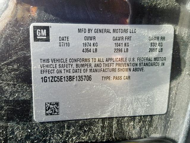 1G1ZC5E13BF135706 - 2011 CHEVROLET MALIBU 1LT 灰色 照片 10