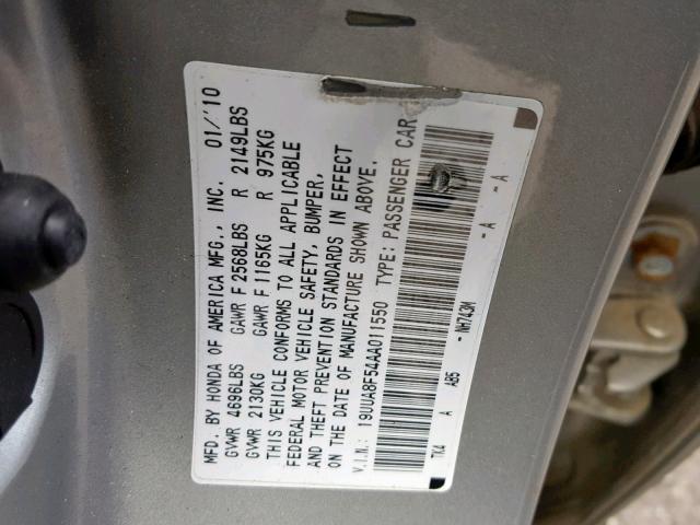 19UUA8F54AA011550 - 2010 ACURA TL 银色 照片 10