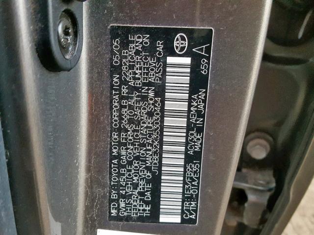 JTDBE32K353030464 - 2005 TOYOTA CAMRY LE ნაცრისფერი ფოტო 10