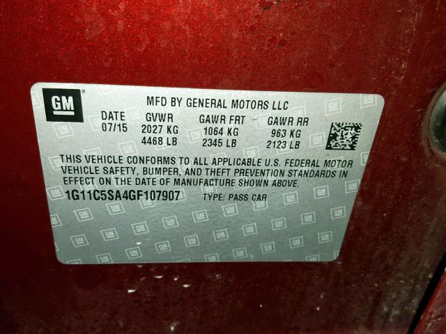 1G11C5SA4GF107907 - 2016 CHEVROLET MALIBU LIM MAROON photo 10