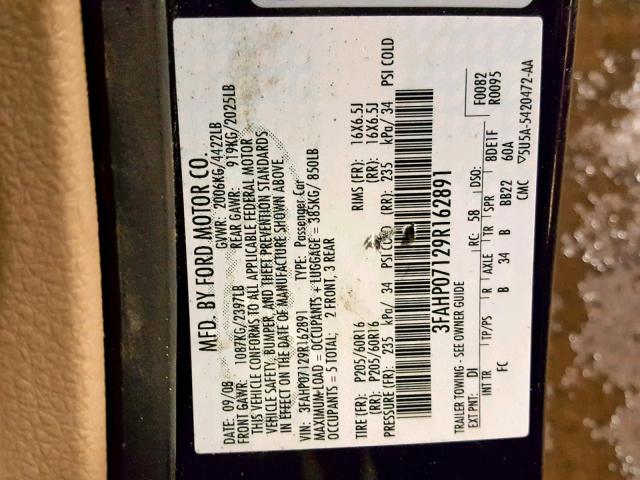 3FAHP07129R162891 - 2009 FORD FUSION SE BLUE photo 10