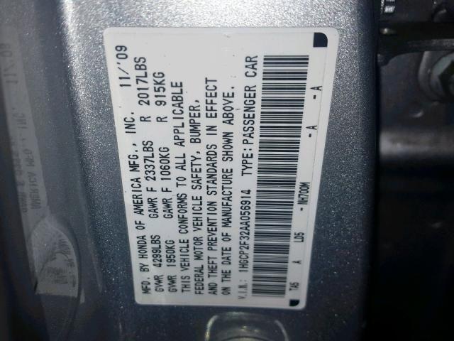 1HGCP2F32AA056914 - 2010 HONDA ACCORD LX SILVER photo 10