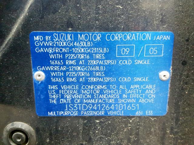 JS3TD941264101651 - 2006 SUZUKI GRAND VITA BLACK photo 10