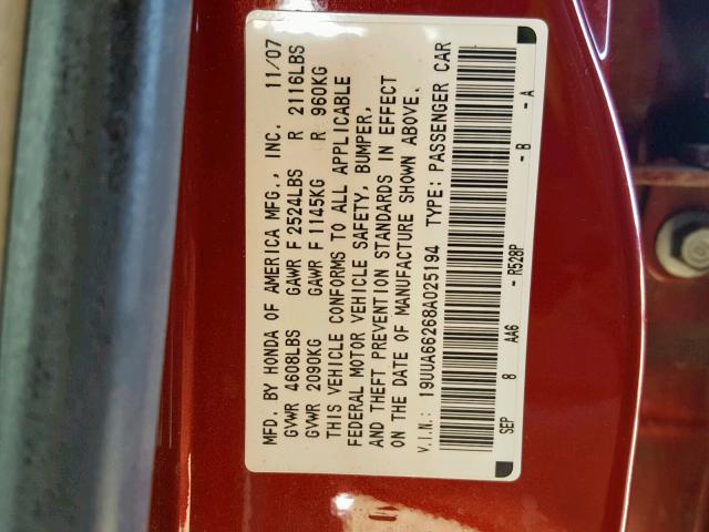 19UUA66268A025194 - 2008 ACURA TL RED photo 10