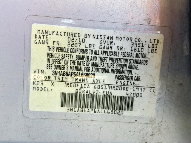 3N1AB6AP6AL668020 - 2010 NISSAN SENTRA 2.0 SILVER photo 10