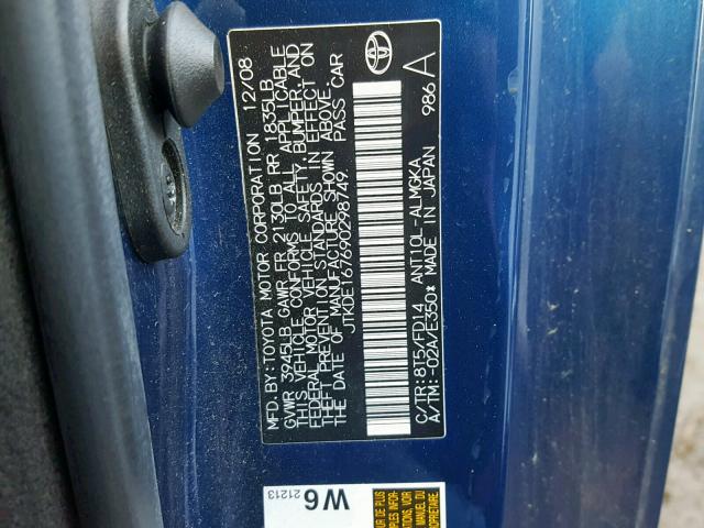 JTKDE167690298749 - 2009 TOYOTA SCION BLUE photo 10