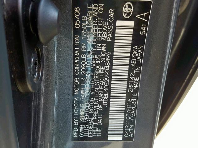 JTDBL40E299048496 - 2009 TOYOTA COROLLA BA GRAY photo 10