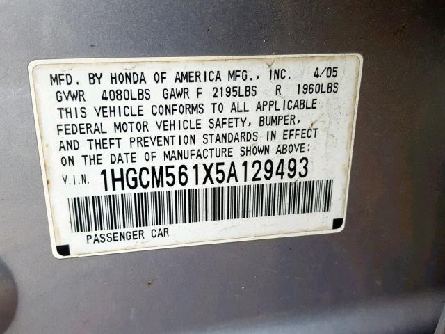 1HGCM561X5A129493 - 2005 HONDA ACCORD DX SILVER photo 10