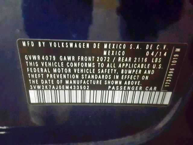 3VW2K7AJ0EM433502 - 2014 VOLKSWAGEN JETTA BASE 双色 照片 10