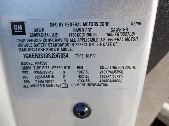 1GKER23798J247334 - 2008 GMC ACADIA SLT 银色 照片 10