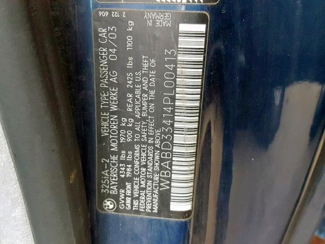 WBABD33414PL00413 - 2004 BMW 325 CI BLUE photo 10