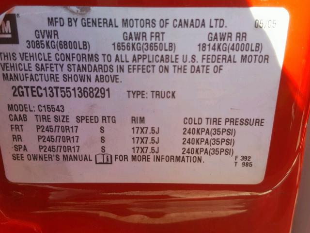 2GTEC13T551368291 - 2005 GMC NEW SIERRA RED photo 10