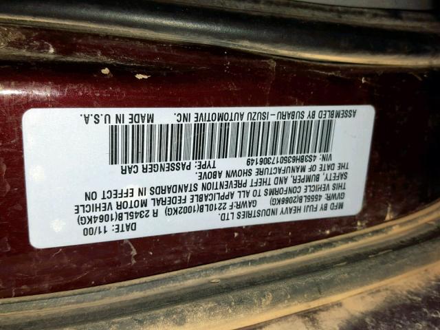 4S3BH635017306149 - 2001 SUBARU LEGACY L MAROON photo 10