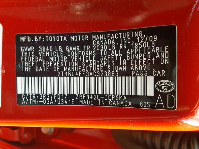 2T1BU4EE3AC323863 - 2010 TOYOTA COROLLA BA RED photo 10