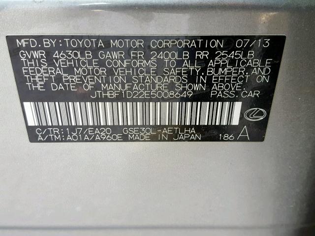 JTHBF1D22E5008649 - 2014 LEXUS IS 250 CHARCOAL photo 10