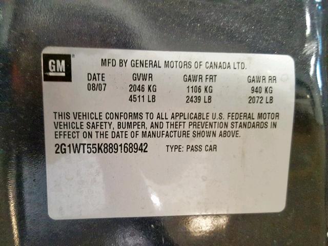 2G1WT55K889168942 - 2008 CHEVROLET IMPALA LT GRAY photo 10