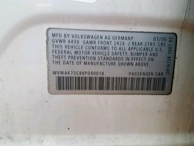 WVWAK73C86P040016 - 2006 VOLKSWAGEN PASSAT 2.0 WHITE photo 10