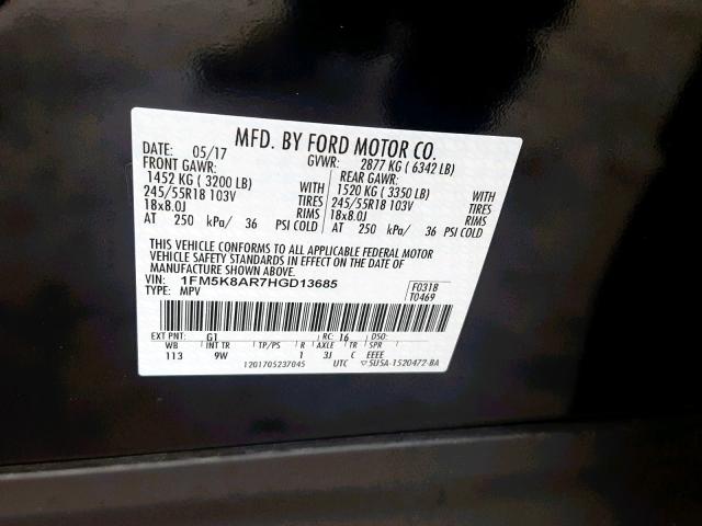 1FM5K8AR7HGD13685 - 2017 FORD EXPLORER P Qara foto 10