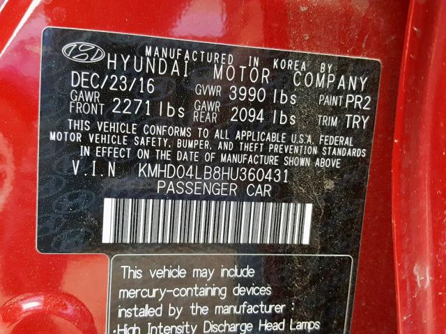 KMHD04LB8HU360431 - 2017 HYUNDAI ELANTRA SP RED photo 10