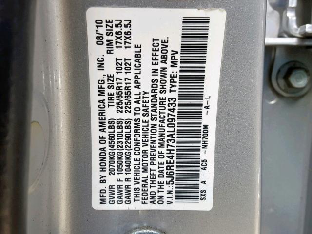 5J6RE4H73AL097433 - 2010 HONDA CR-V EXL SILVER photo 10