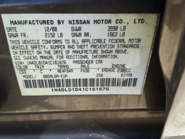 1N4DL01D41C161676 - 2001 NISSAN ALTIMA XE TAN photo 10