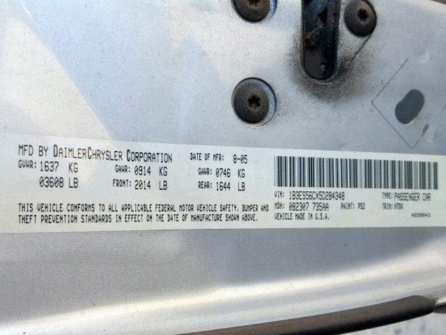 1B3ES56CX5D284348 - 2005 DODGE NEON SXT SILVER photo 10