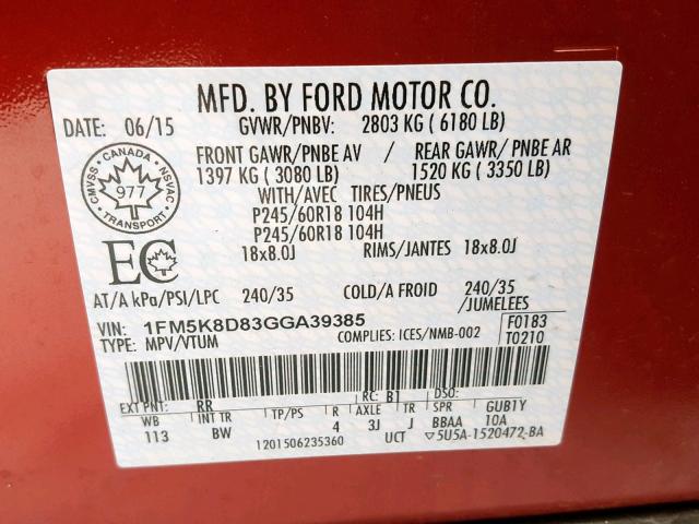 1FM5K8D83GGA39385 - 2016 FORD EXPLORER X RED photo 10