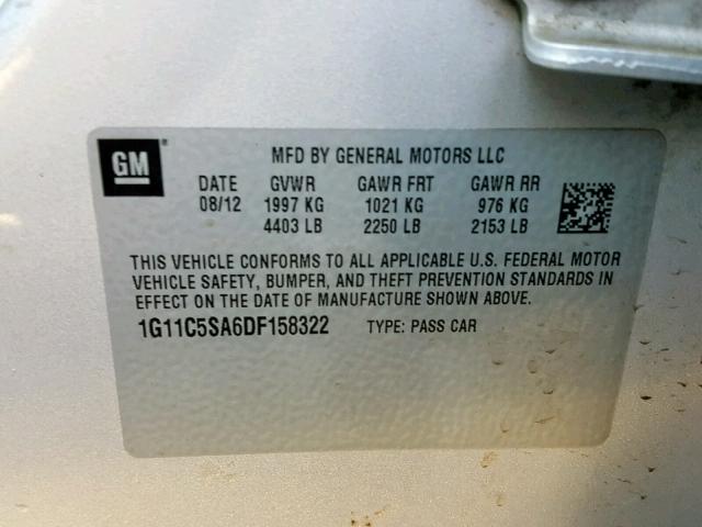 1G11C5SA6DF158322 - 2013 CHEVROLET MALIBU 1LT SILVER photo 10