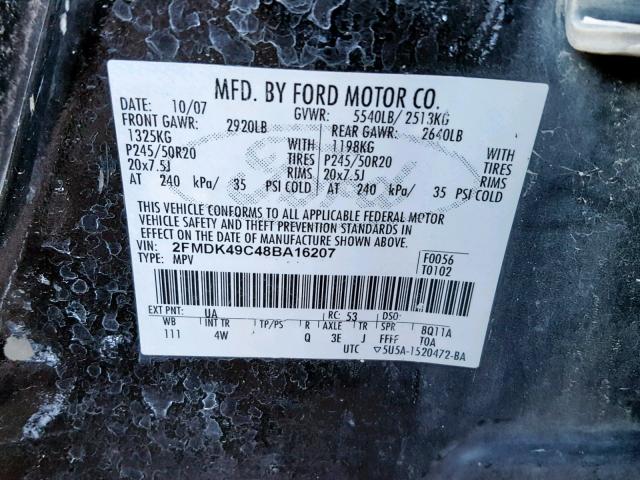 2FMDK49C48BA16207 - 2008 FORD EDGE LIMIT BLACK photo 10