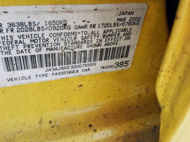 JA3AJ86E32U070959 - 2002 MITSUBISHI LANCER OZ YELLOW photo 10