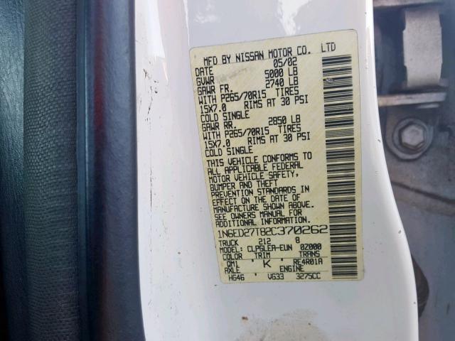 1N6ED27T82C370262 - 2002 NISSAN FRONTIER C 白色 照片 10