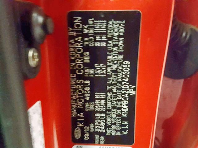 KNDPBCA21D7403069 - 2013 KIA SPORTAGE L RED photo 10