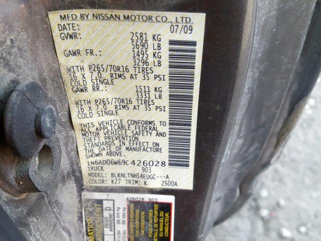 1N6AD06W69C426028 - 2009 NISSAN FRONTIER K GRAY photo 10