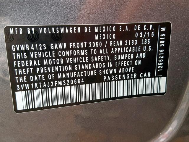 3VW1K7AJ2FM320664 - 2015 VOLKSWAGEN JETTA BASE GRAY photo 10