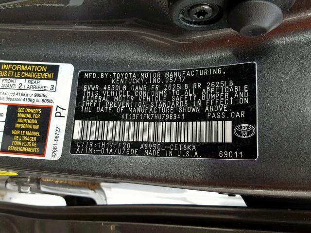 4T1BF1FK7HU798941 - 2017 TOYOTA CAMRY LE GRAY photo 10