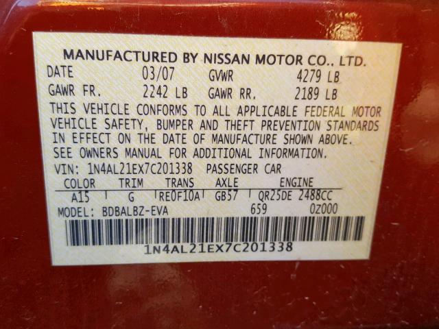 1N4AL21EX7C201338 - 2007 NISSAN ALTIMA 2.5 RED photo 10