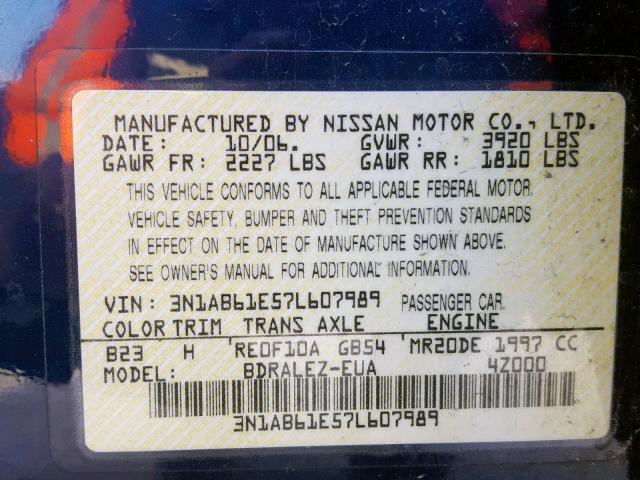 3N1AB61E57L607989 - 2007 NISSAN SENTRA 2.0 BLUE photo 10