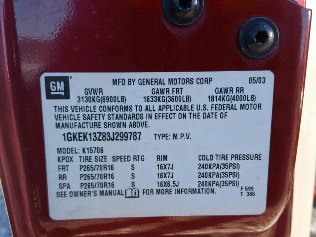 1GKEK13Z83J299787 - 2003 GMC YUKON RED photo 10