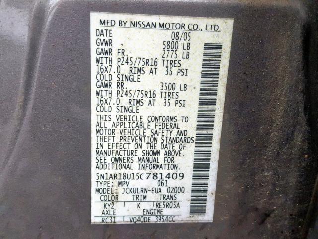 5N1AR18U15C781409 - 2005 NISSAN PATHFINDER BROWN photo 10