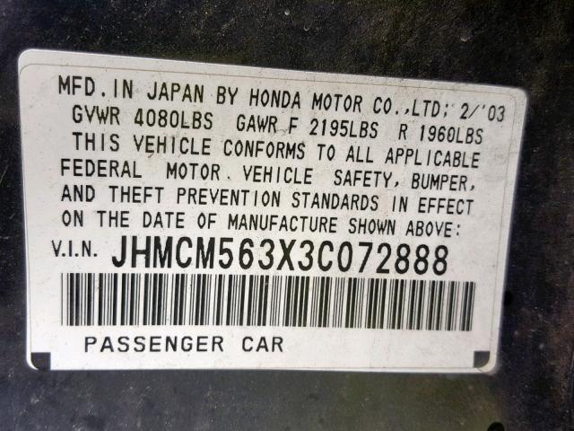 JHMCM563X3C072888 - 2003 HONDA ACCORD LX BLACK photo 10