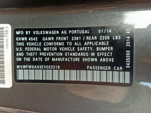 WVWFW8AH3EV003318 - 2014 VOLKSWAGEN EOS LUX 灰色 照片 10