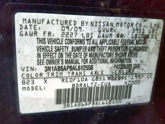 3N1AB6AP8AL612550 - 2010 NISSAN SENTRA 2.0 BLUE photo 10