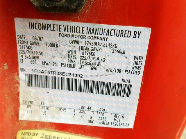 1FDAF57R38EC31392 - 2008 FORD F550 SUPER RED photo 10